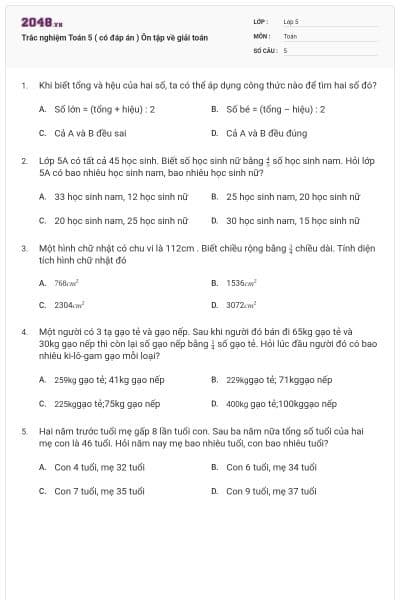 Trắc nghiệm Toán 5 ( có đáp án ) Ôn tập về giải toán