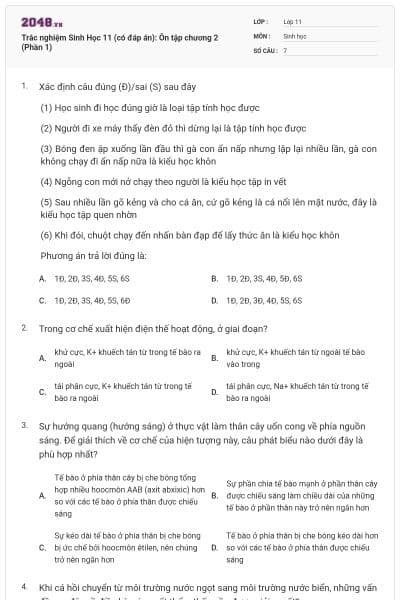 Trắc nghiệm Sinh Học 11 (có đáp án): Ôn tập chương 2 (Phần 1)