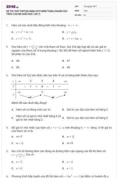 ĐỀ THI THỬ THPTQG NĂM 2019 MÔN TOÁN CHUẨN CẤU TRÚC CỦA BỘ GIÁO DỤC ( Đề 7)