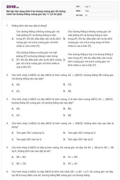 Bài tập Vận dụng định lí ba đường vuông góc để chứng minh hai đường thẳng vuông góc lớp 11 (có lời giải)