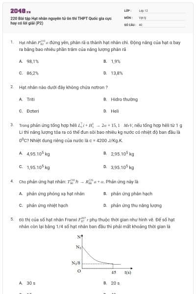 220 Bài tập Hạt nhân nguyên tử ôn thi THPT Quốc gia cực hay có lời giải (P2)