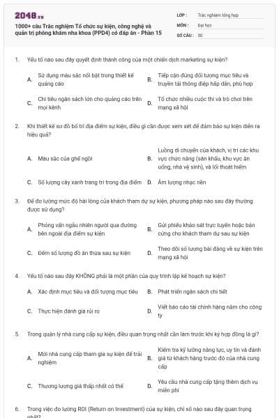 1000+ câu Trắc nghiệm Tổ chức sự kiện, công nghệ và quản trị phòng khám nha khoa (PPD4) có đáp án - Phần 15