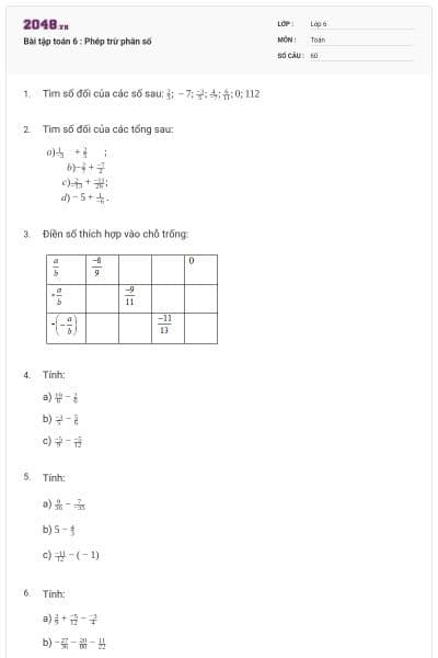 Bài tập toán 6 : Phép trừ phân số