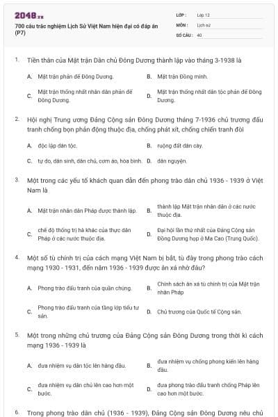 700 câu trắc nghiệm Lịch Sử Việt Nam hiện đại có đáp án (P7)
