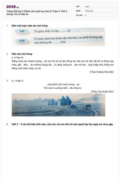 Tiếng Việt lớp 3 (Dành cho buổi học thứ 2) Tuần 4: Tiết 3 (trang 14) có đáp án