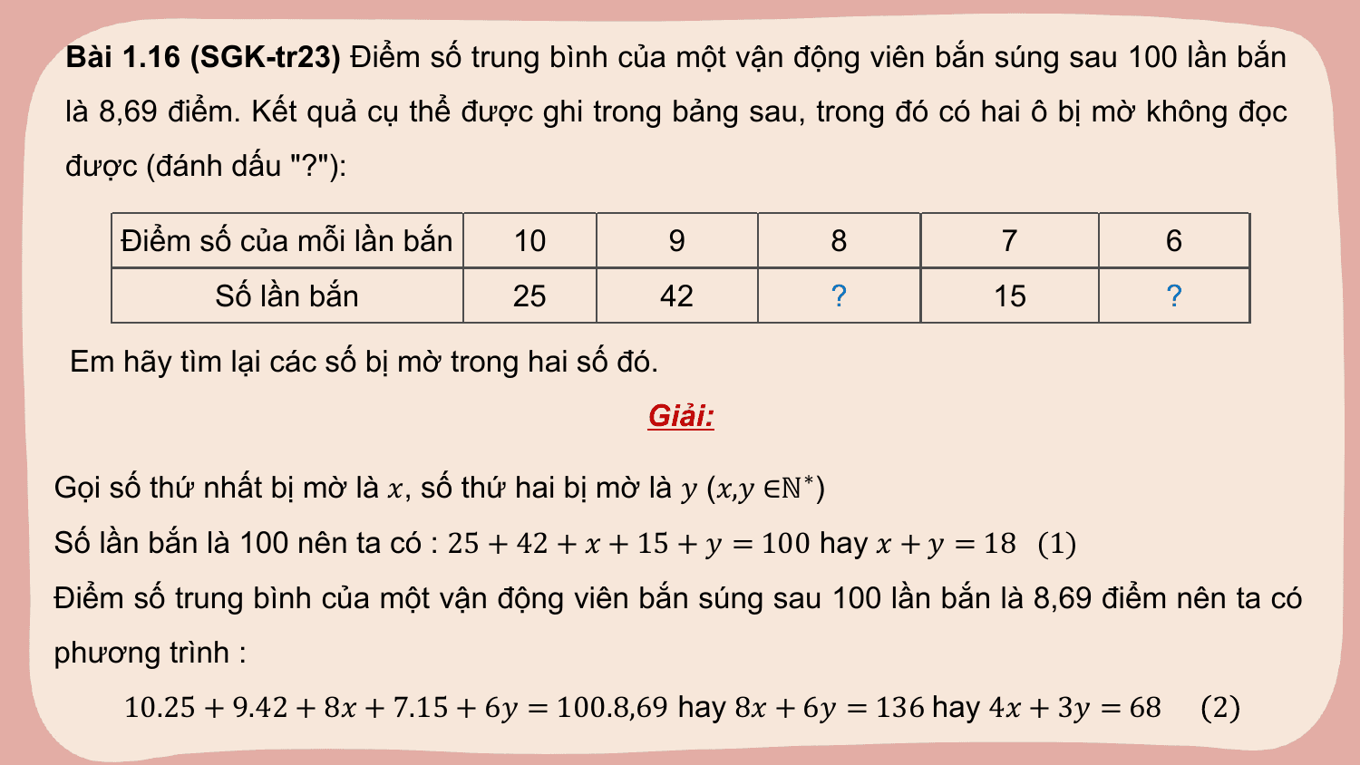 Bài 1.16 (SGK-tr23) Điểm số trung bình của một vận động viên bắn súng sau 100 lần bắn
là 8,69 điểm. Kết quả cụ thể được ghi trong bảng sau, trong đó có hai ô bị mờ không đọc
được (đánh dấu "?"):

 Điểm số của mỗi lần bắn 10 9 8 7 6
 Số lần bắn 25 42 ? 15 ?

 Em hãy tìm lại các số bị mờ trong hai số đó.
 Giải:

Gọi số thứ nhất bị mờ là ?, số thứ hai bị mờ là ? (?,? ∈ℕ ∗)
Số lần bắn là 100 nên ta có : 25 + 42 + ? + 15 + ? = 100 hay ? + ? = 18 (1)
Điểm số trung bình của một vận động viên bắn súng sau 100 lần bắn là 8,69 điểm nên ta có
phương trình :
 10.25 + 9.42 + 8? + 7.15 + 6? = 100.8,69 hay 8? + 6? = 136 hay 4? + 3? = 68 2