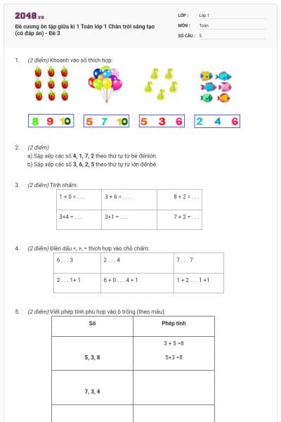 Đề cương ôn tập giữa kì 1 Toán lớp 1 Chân trời sáng tạo (có đáp án) - Đề 3