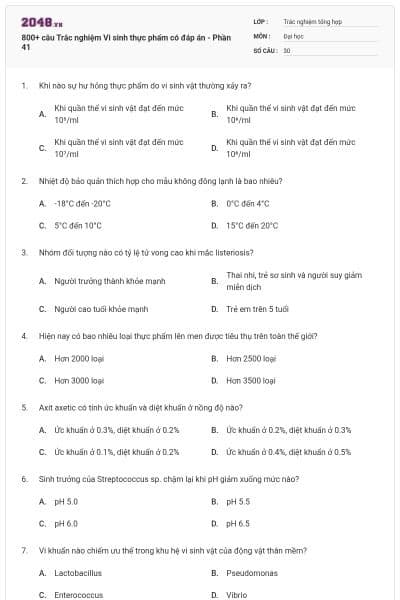 800+ câu Trắc nghiệm Vi sinh thực phẩm có đáp án - Phần 41