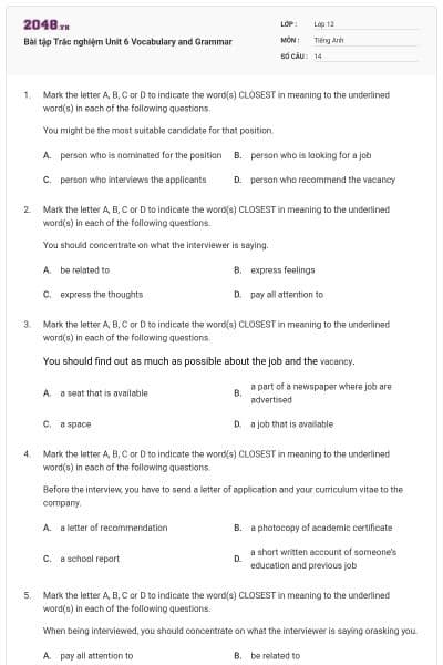 Bài tập Trắc nghiệm Unit 6 Vocabulary and Grammar