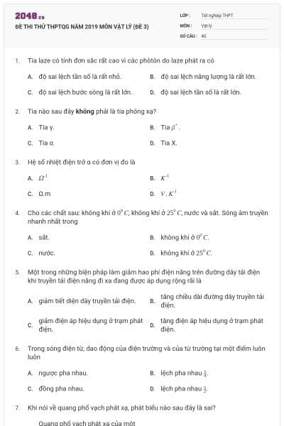 ĐỀ THI THỬ THPTQG NĂM 2019 MÔN VẬT LÝ (ĐỀ 3)