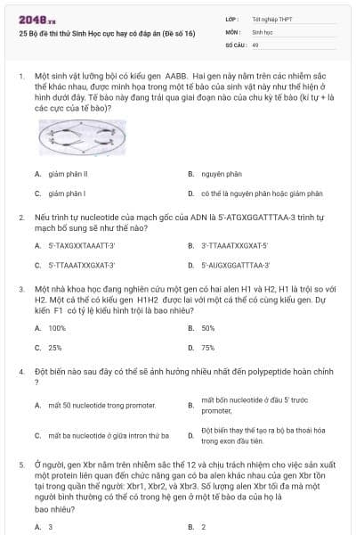 25 Bộ đề thi thử Sinh Học cực hay có đáp án (Đề số 16)