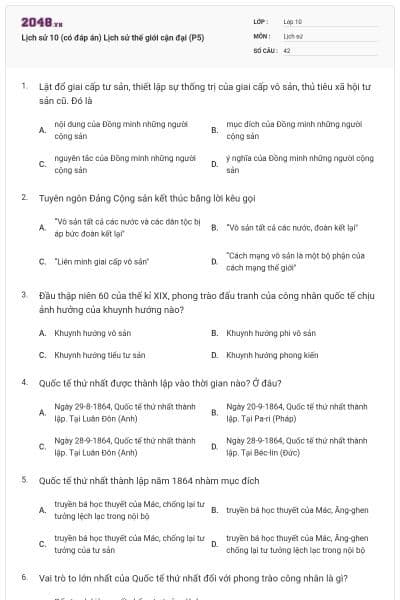Lịch sử 10 (có đáp án) Lịch sử thế giới cận đại (P5)