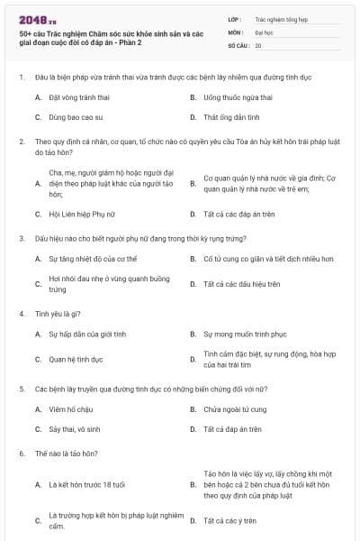 50+ câu Trắc nghiệm Chăm sóc sức khỏe sinh sản và các giai đoạn cuộc đời có đáp án - Phần 2