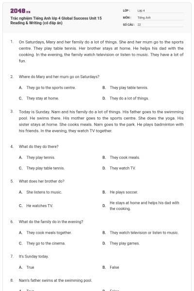Trắc nghiệm Tiếng Anh lớp 4 Global Success Unit 15 Reading & Writing (có đáp án)