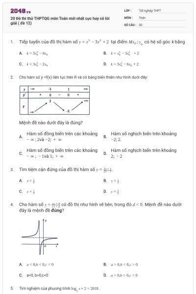 20 Đề thi thử THPTQG môn Toán mới nhất cực hay có lời giải ( đề 12)