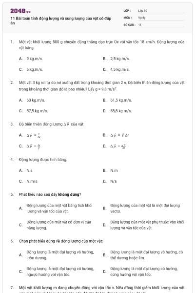 11 Bài toán tính động lượng và xung lượng của vật có đáp án