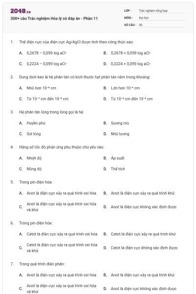 300+ câu Trắc nghiệm Hóa lý có đáp án - Phần 11