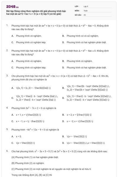 Bài tập Dùng công thức nghiệm để giải phương trình bậc hai một ẩn ax^2 + bx + c = 0 (a ≠ 0) lớp 9 (có lời giải)