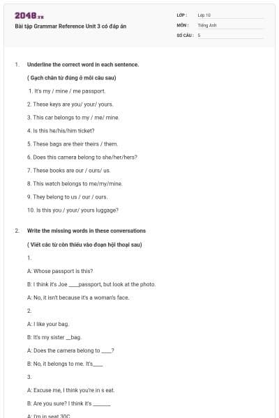 Bài tập Grammar Reference Unit 3 có đáp án