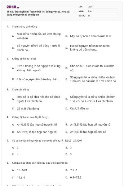 18 câu Trắc nghiệm Toán 6 Bài 14: Số nguyên tố. Hợp số. Bảng số nguyên tố có đáp án