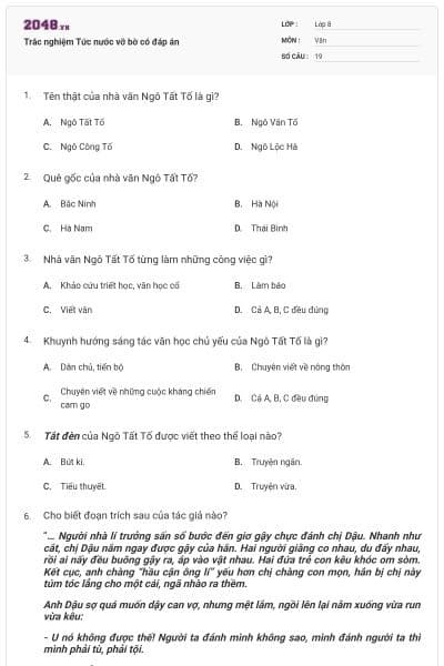 Trắc nghiệm Tức nước vỡ bờ có đáp án
