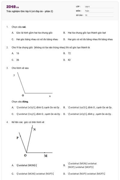 Trắc nghiệm Góc lớp 6 (có đáp án - phần 2)