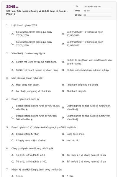 500+ câu Trắc nghiệm Quản lý và kinh tế dược có đáp án - Phần 16