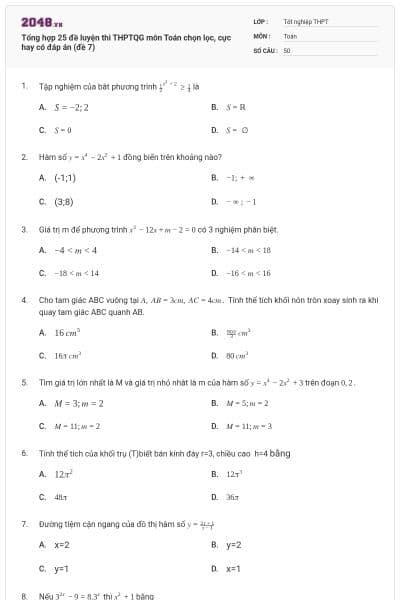 Tổng hợp 25 đề luyện thi THPTQG môn Toán chọn lọc, cực hay có đáp án (đề 7)