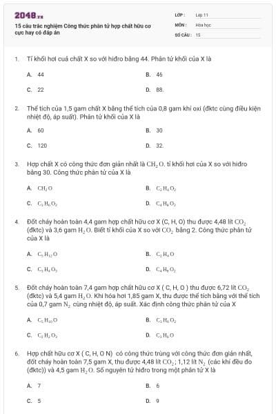 15 câu trắc nghiệm Công thức phân tử hợp chất hữu cơ cực hay có đáp án