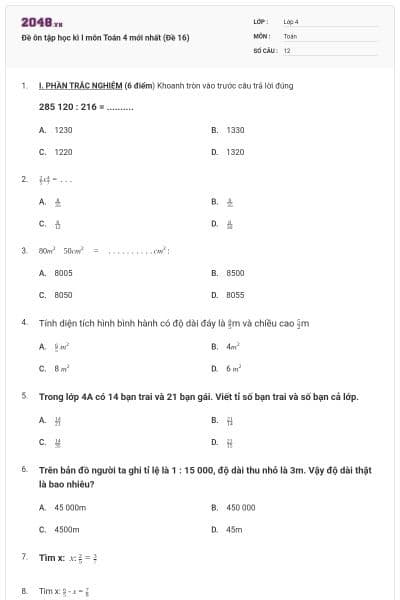 Đề ôn tập học kì I môn Toán 4 mới nhất (Đề 16)