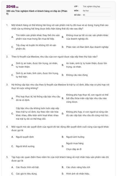 380 câu Trắc nghiệm Hành vi khách hàng có đáp án (Phần 9)