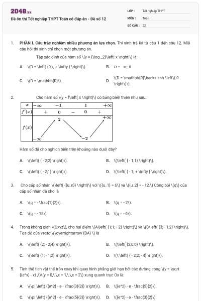 Đề ôn thi Tốt nghiệp THPT Toán có đáp án - Đề số 12