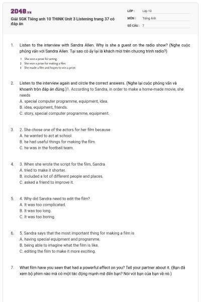 Giải SGK Tiếng anh 10 THiNK Unit 3 Listening trang 37 có đáp án