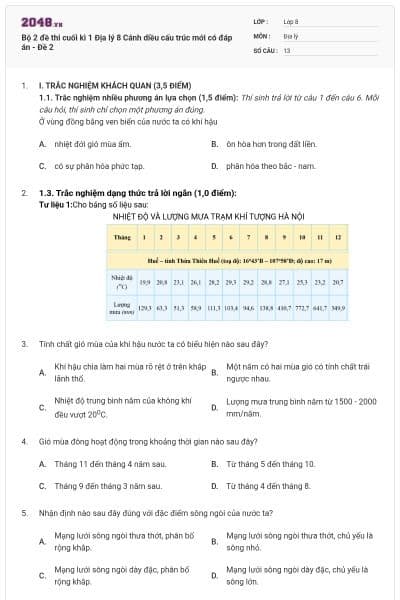 Bộ 2 đề thi cuối kì 1 Địa lý 8 Cánh diều cấu trúc mới có đáp án - Đề 2