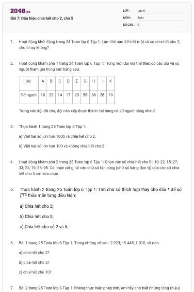Bài 7: Dấu hiệu chia hết cho 2, cho 5