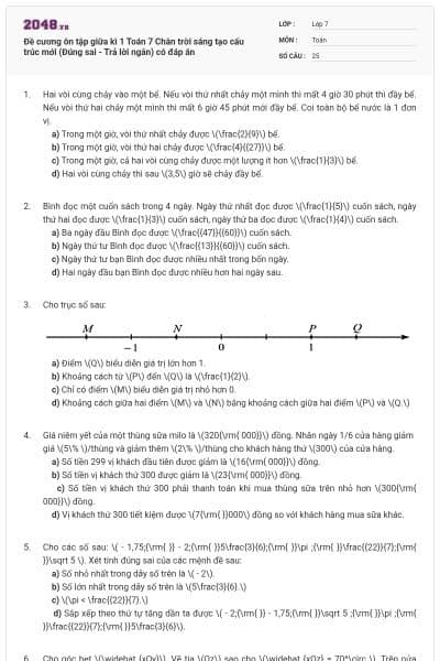 Đề cương ôn tập giữa kì 1 Toán 7 Chân trời sáng tạo cấu trúc mới (Đúng sai - Trả lời ngắn) có đáp án