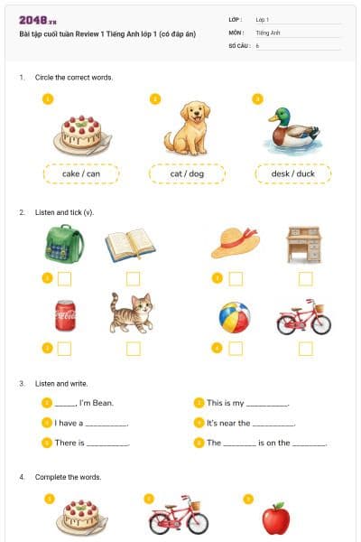 Bài tập cuối tuần Review 1 Tiếng Anh lớp 1 (có đáp án)