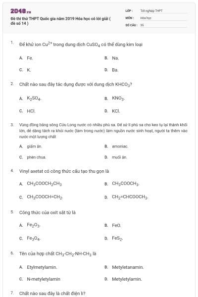 Đề thi thử THPT Quốc gia năm 2019 Hóa học có lời giải ( đề số 14 )