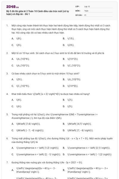 Bộ 5 đề thi giữa kì 2 Toán 10 Cánh diều cấu trúc mới (có tự luận) có đáp án - Đề 1