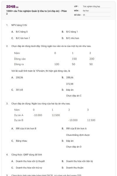 1000+ câu Trắc nghiệm Quản lý đầu tư (có đáp án) - Phần 2
