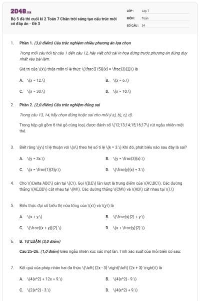 Bộ 5 đề thi cuối kì 2 Toán 7 Chân trời sáng tạo cấu trúc mới có đáp án - Đề 3