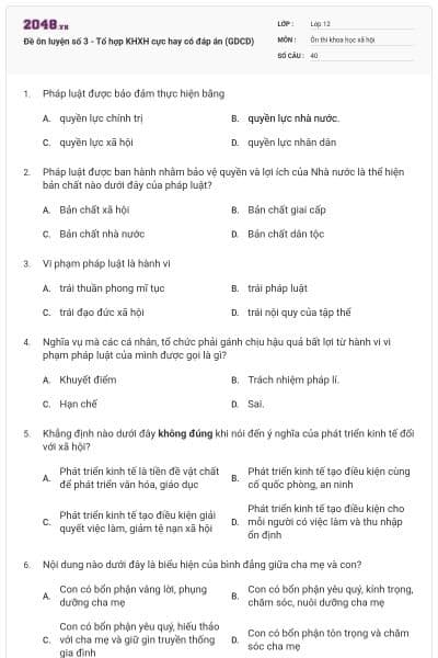 Đề ôn luyện số 3 - Tổ hợp KHXH cực hay có đáp án (GDCD)