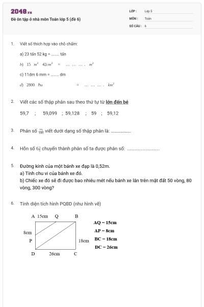 Đề ôn tập ở nhà môn Toán lớp 5 (đề 6)