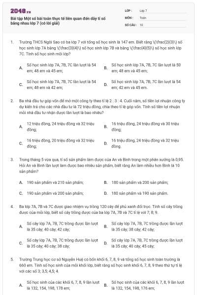 Bài tập Một số bài toán thực tế liên quan đến dãy tỉ số bằng nhau lớp 7 (có lời giải)