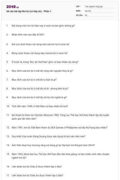 66 câu bài tập Bơi lội (có đáp án) - Phần 1