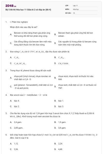 Bộ 5 Đề thi Hóa học 11 Giữa kì 2 có đáp án (Đề 4)