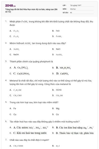 Tổng hợp đề thi thử Hóa Học mức độ cơ bản, nâng cao (Đề số 12)