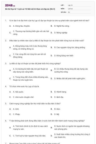 Đề thi Học kì 1 Lịch sử 10 Kết nối tri thức có đáp án (Đề 3)