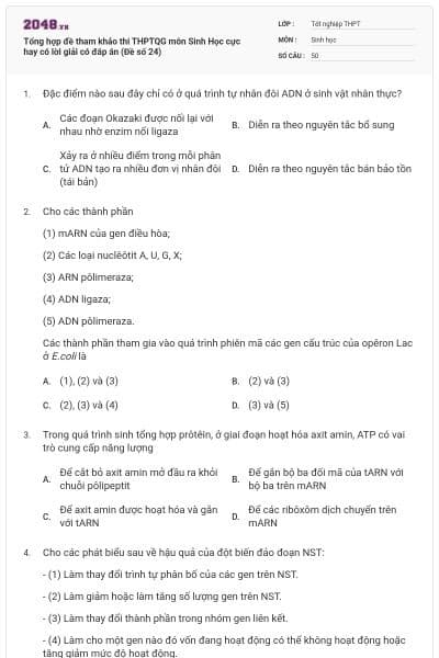 Tổng hợp đề tham khảo thi THPTQG môn Sinh Học cực hay có lời giải có đáp án (Đề số 24)