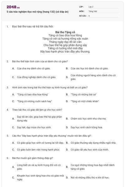 5 câu trắc nghiệm Đọc mở rộng (trang 132) (có đáp án)